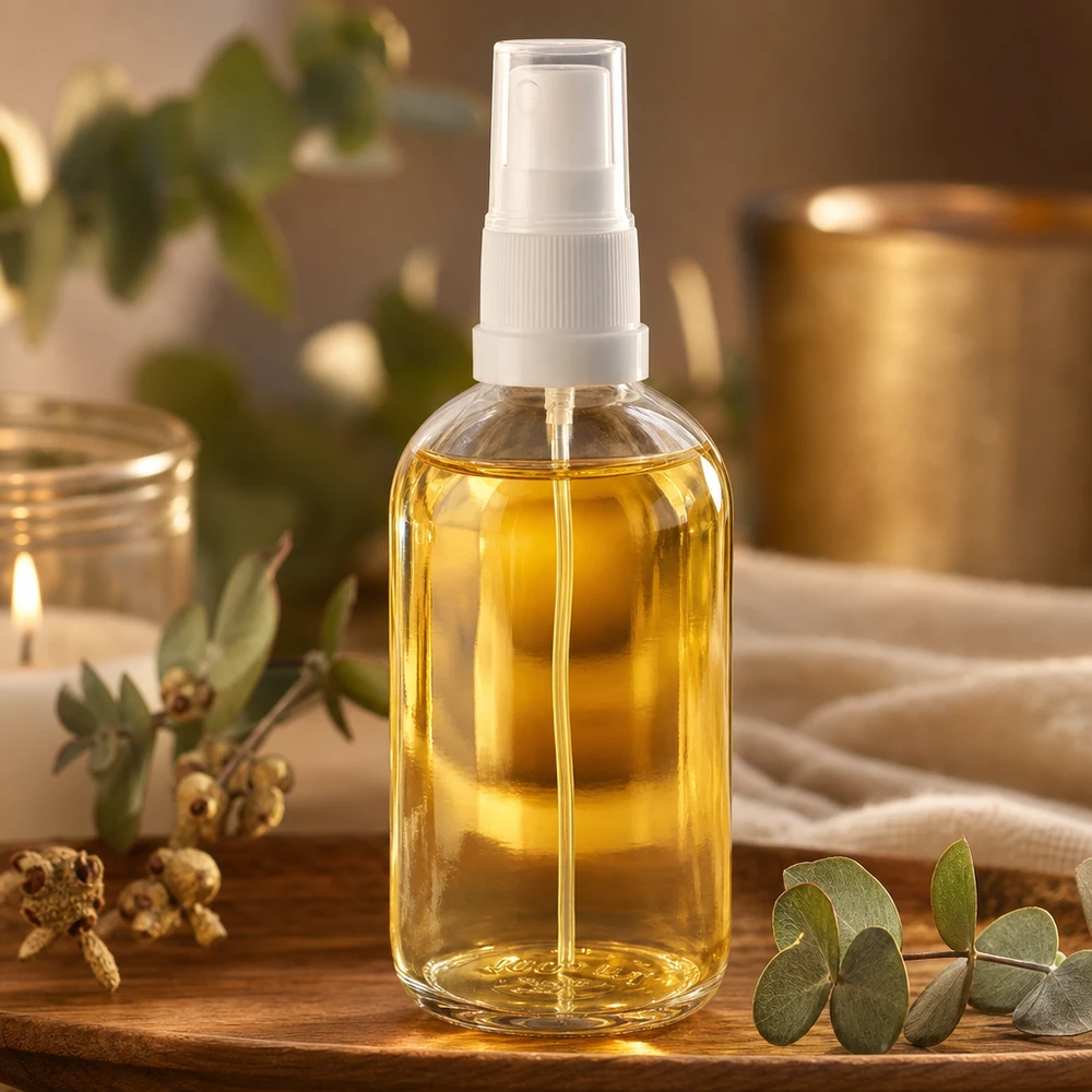 Frasco pulverizador 100ml blanco/transparente tapón estándar ClearLine UT18/100 Frasco de cristal ClearLine de 100 ml con aceite dorado y atomizador blanco, presentado en una bandeja de madera «Wellness Ambiente»