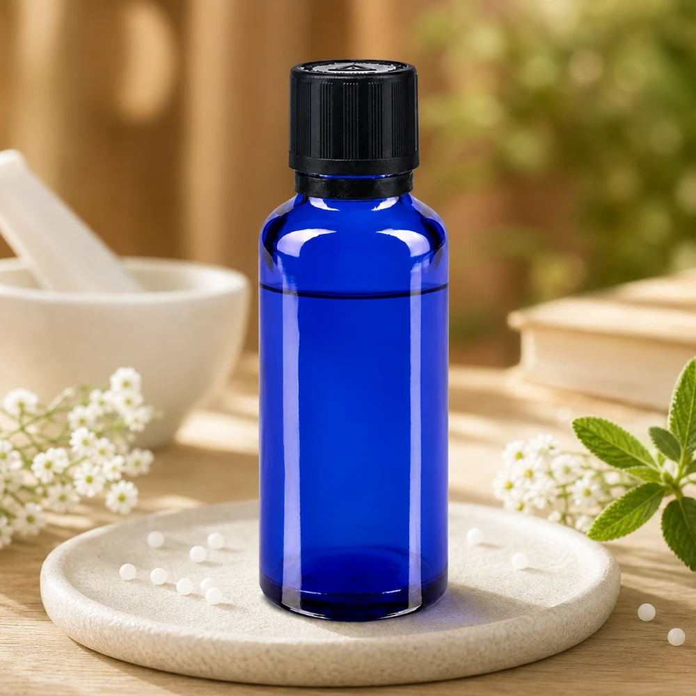 Frasco de cristal azul de 30 ml con tapón negro a prueba de niños, rodeado de flores blancas y menta