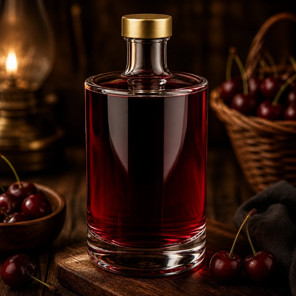 Botella de cristal de 500ml Sam llena de líquido rojo cereza tapón dorado UNiTWIST cerezas decoración luz cálida