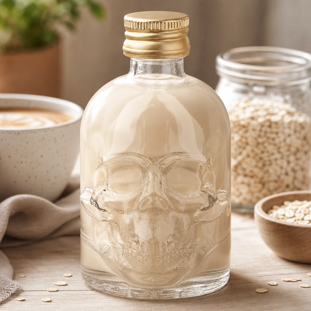 Botella de vidrio de 50 ml «Hector» y tapón de rosca dorado UNiTWIST® Botella de cristal Hector de 50 ml con relieve de calavera y tapón dorado en un entorno de cocina natural con copos de avena