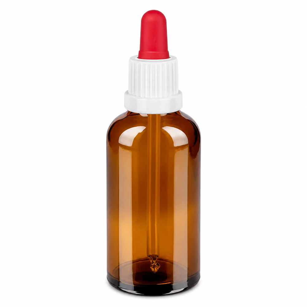 Frasco pipeta de cristal ámbar de 50 ml con tapón blanco y pipeta roja para una dosificación precisa