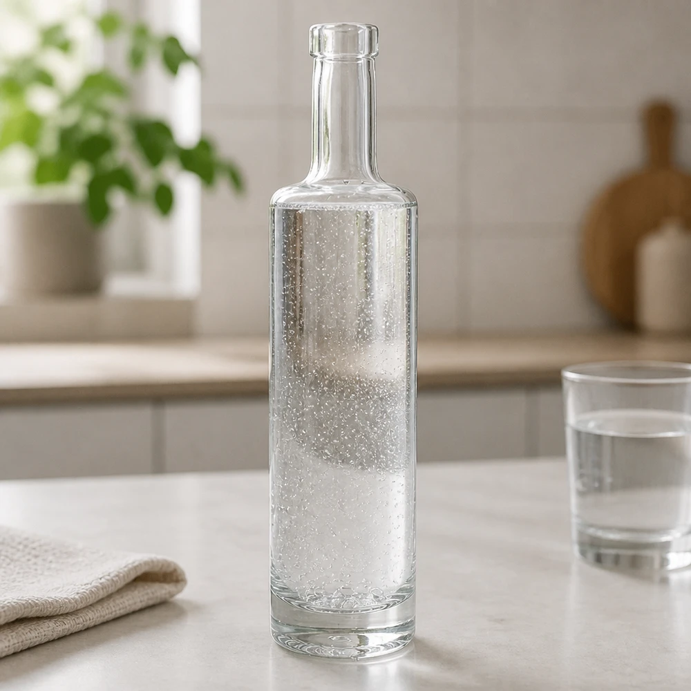Botella de vidrio de 500 ml «Lina» sin tapón UNiTWIST® 500ml Glasflasche Lina mit sprudelndem Wasser gefüllt in modernem Küchenambiente mit Wasserglas und Textil-Deko