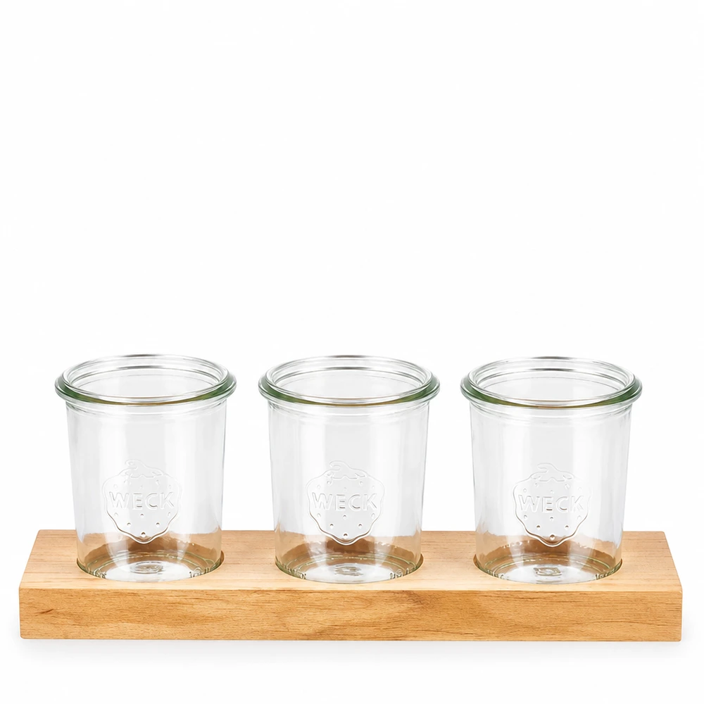 Tabla de servir de madera Plano3 con tres vasos Weck de 160 ml para salsas, condimentos y aperitivos