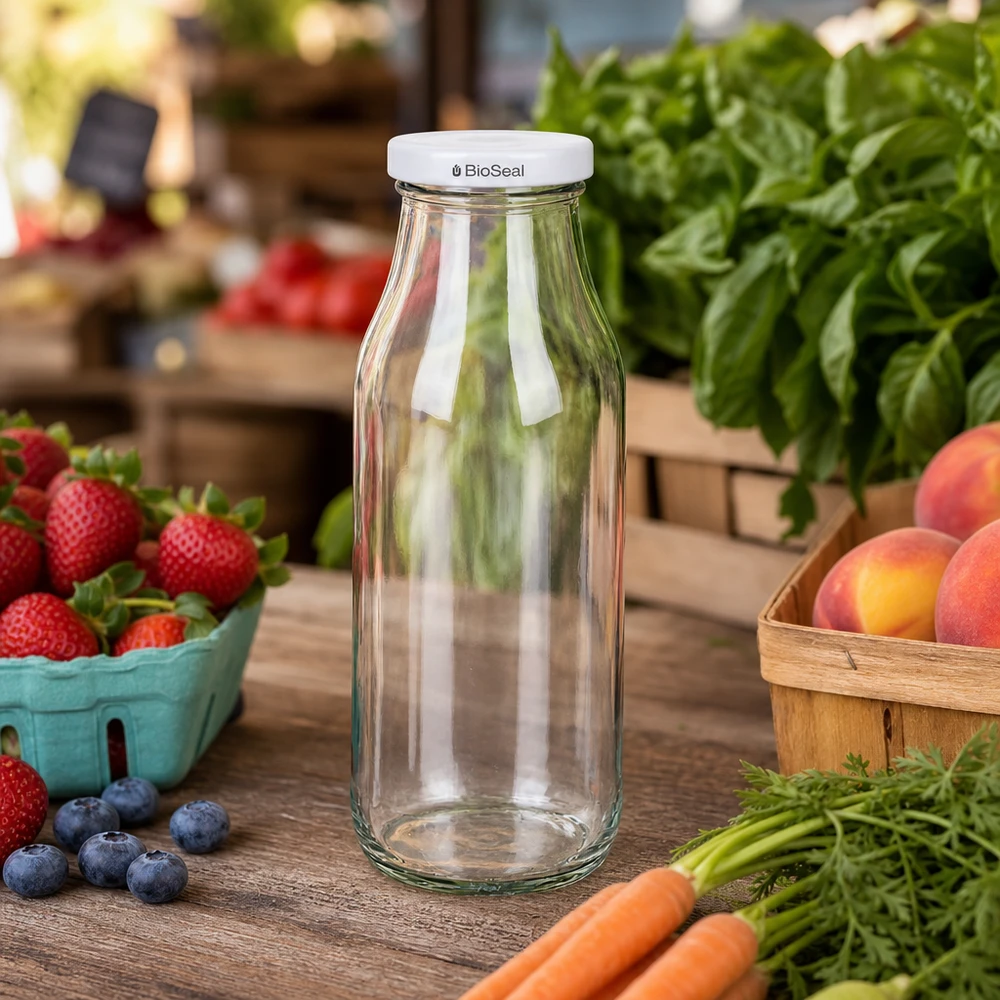 Botella de 263ml con tapa blanca UNiTWIST BioSeal UNiTWIST Botella263 Botella de vidrio vacía entre frutas y verduras frescas sobre una mesa de madera en una escena de cocina natural