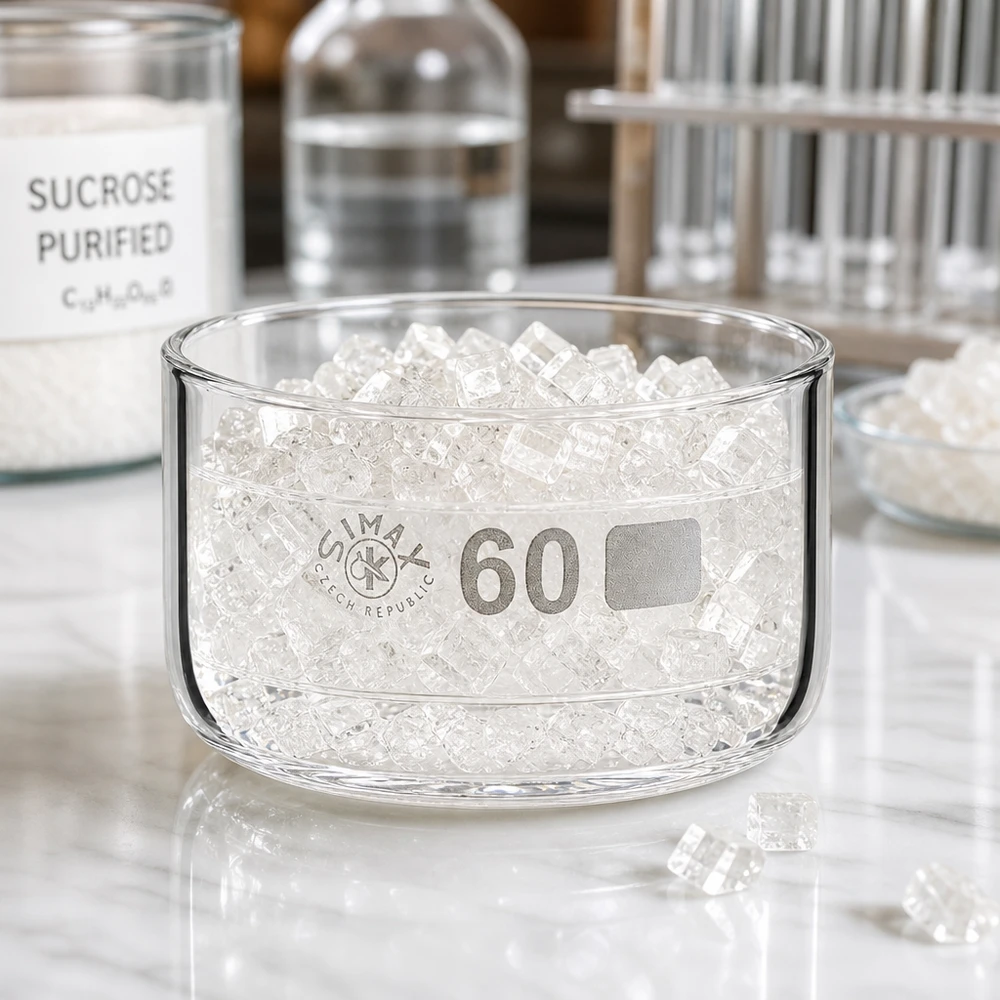 60ml cristalizador plato sin pico borosilicato ø60mm Bandeja de cristalización de 60 ml llena de cristales transparentes sobre una superficie de mármol en un entorno de laboratorio