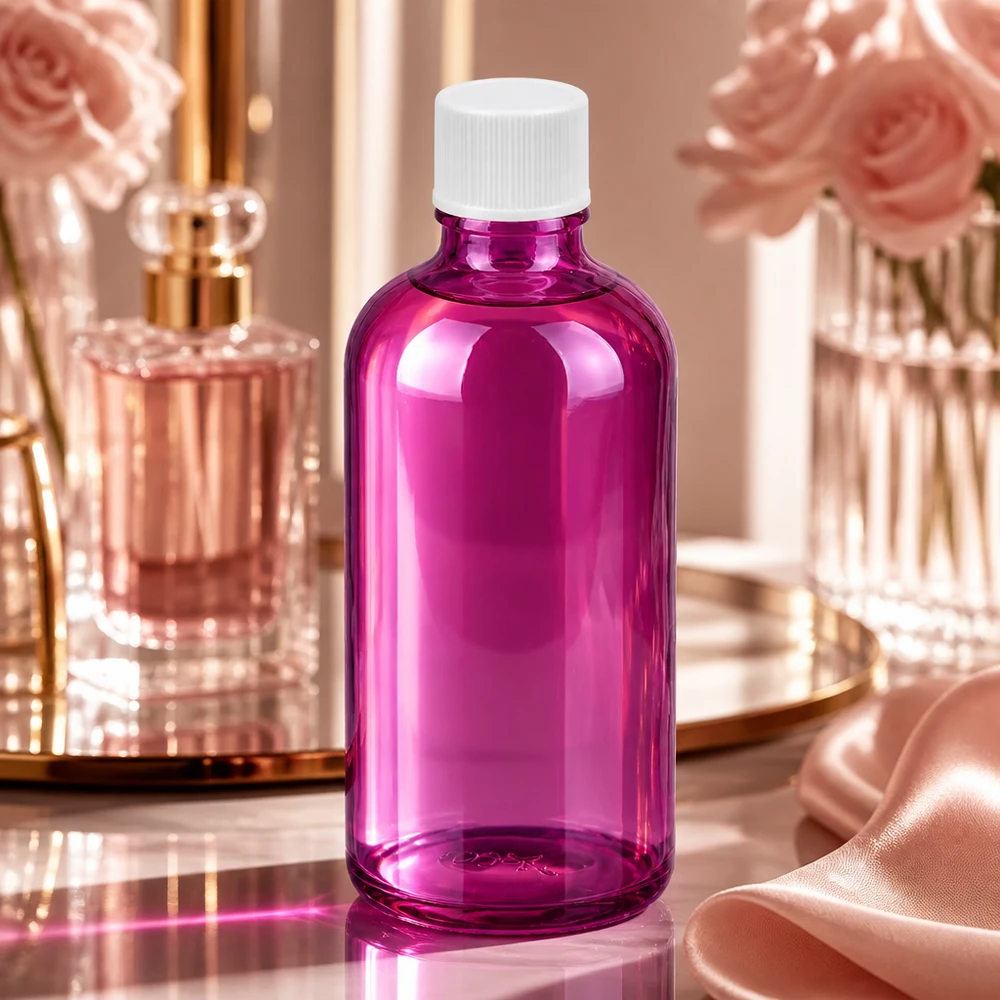 Elegante frasco de 100 ml de color morado con tapón de rosca blanco para productos de belleza de alta calidad