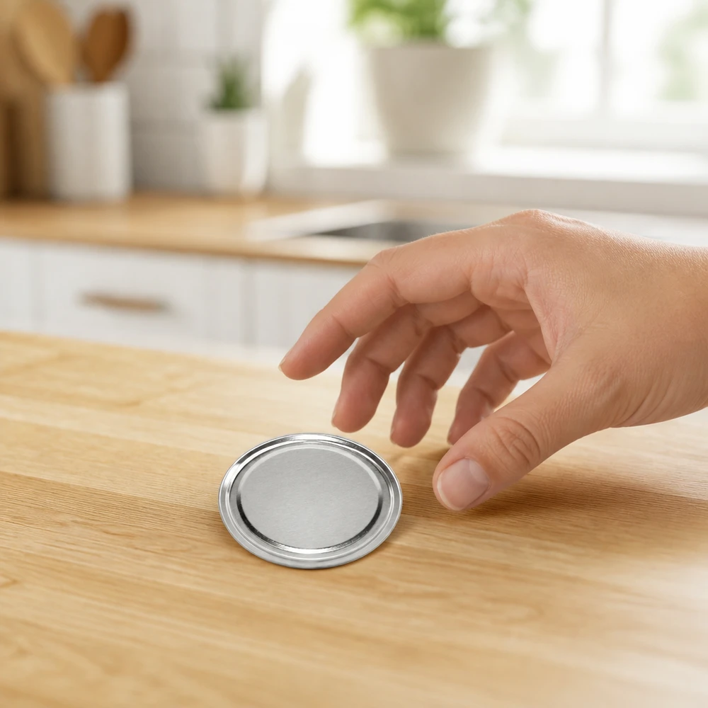 Tapa BasicSeal de 63 mm, color plateado (TO63) UNiTWIST Tapa redonda plateada TO63 de tipo «twist-off» de 63 mm sobre una encimera de madera en una cocina moderna