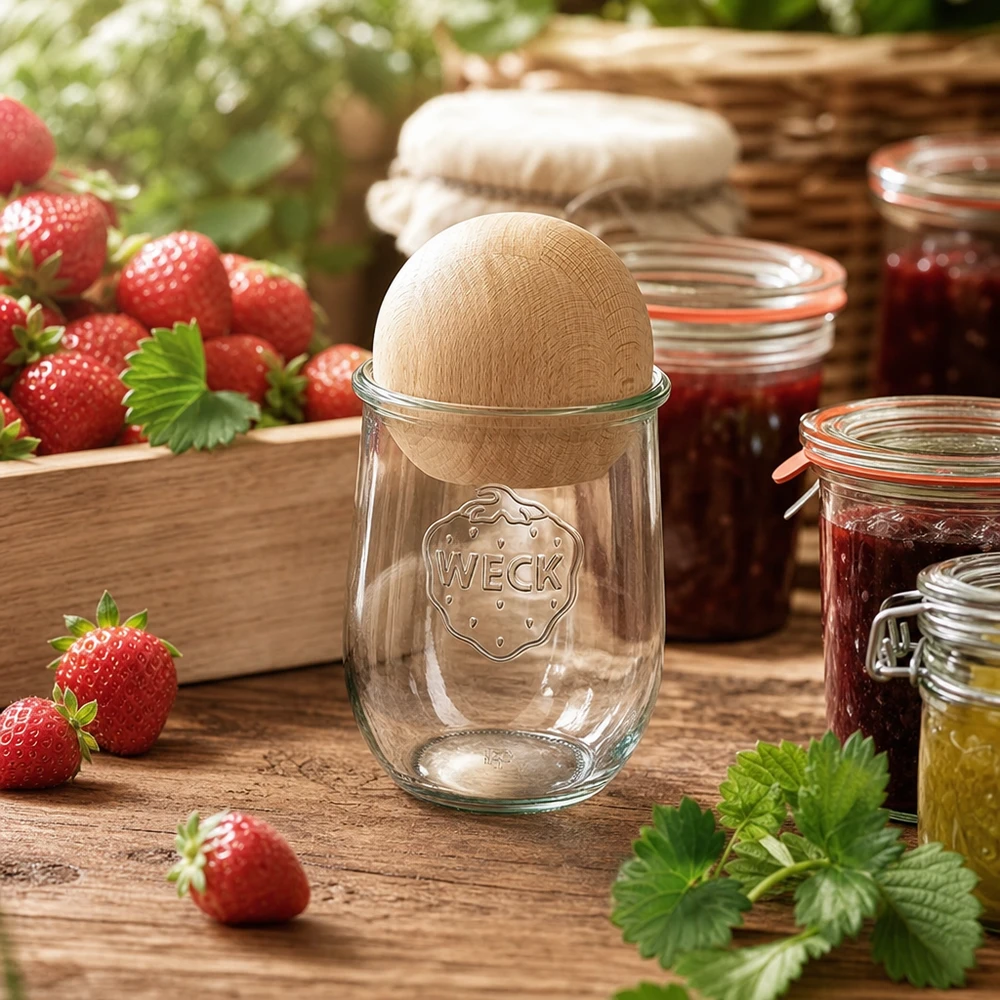 Tarro tulipa WECK RR100 1062ml con bola de madera de haya Tarro de conserva WECK 1062ml RR100 con tapa de madera para conservar mermelada de fresa en una cocina rústica