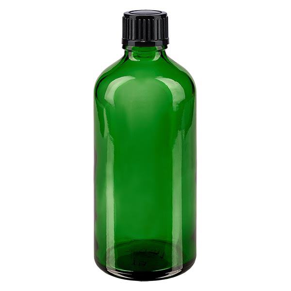 Botella de farmacia verde 100ml tapón de rosca negro estándar Botella de farmacia verde 100ml tapón de rosca negro estándar