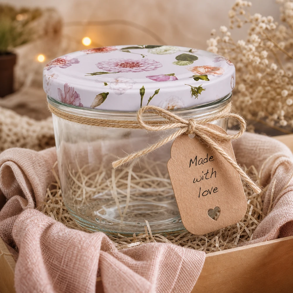 Vasos de 230 ml Tapa BasicSeal Flores rosas Caja de regalo Cesta de manualidades Lazo de yute Etiqueta Made with Love