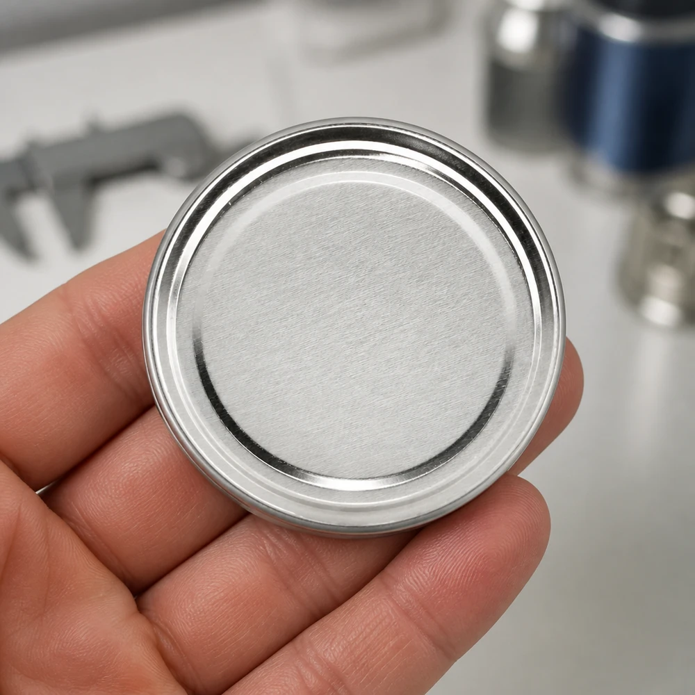 Primer plano de una tapa TO82 BasicSeal de 82 mm, color plateado, de UNiTWIST, sostenida con una mano