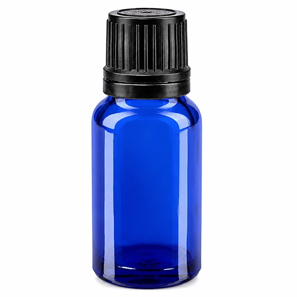 Botella de farmacia azul 10ml tapón cuentagotas anillo vertedor 1mm tapón negro inviolable Frasco de cristal azul de 10 ml con tapón OV negro y gotero de 1 mm fabricado en cristal de farmacia