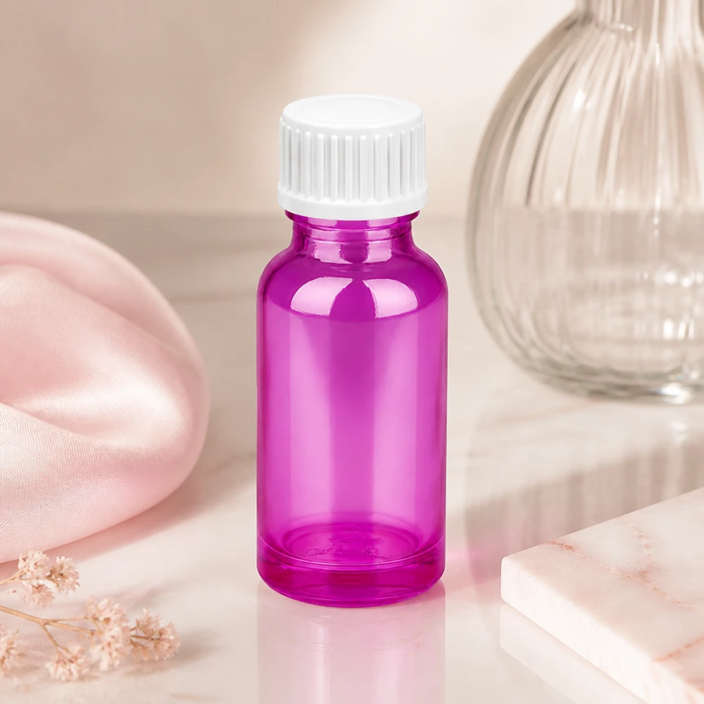 Elegante frasco de vidrio de 20 ml de color morado con tapón roscado blanco para uso profesional