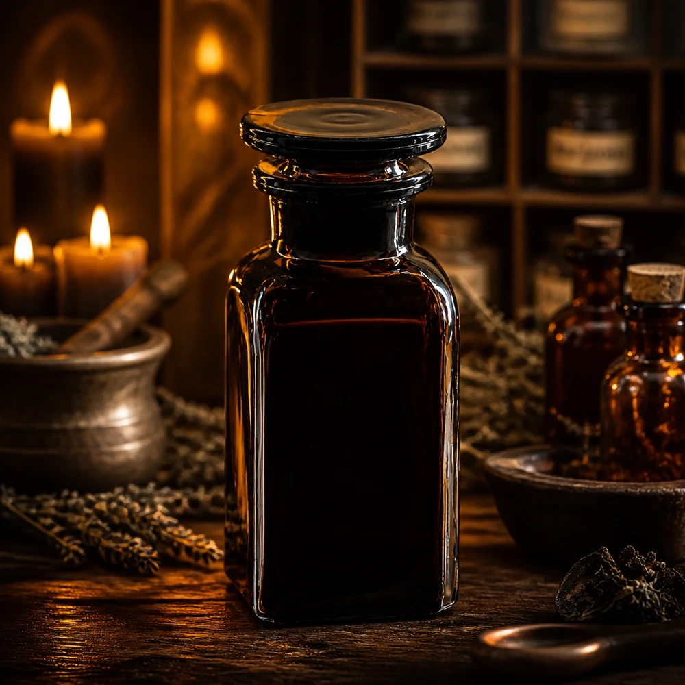 Frasco de farmacia de 100 ml, de cristal marrón, de forma cuadrada, con tapón plano de cristal, a la luz de las velas