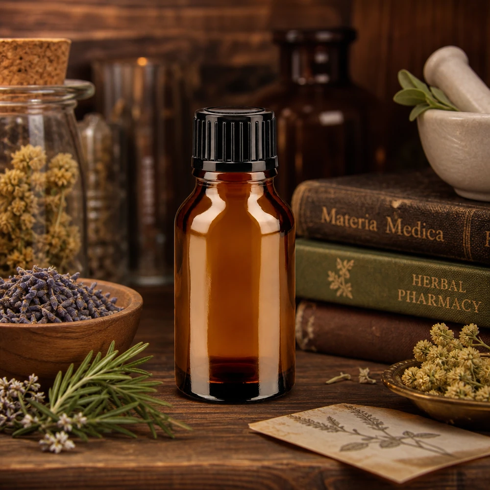 Botella de farmacia marrón 15ml tapón de rosca negro estándar Frasco de farmacia de 15 ml, de vidrio ámbar con tapón de rosca negro, entre libros de hierbas y Materia Médica