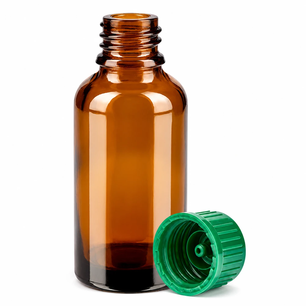 Botella de 30 ml con tapón de rosca verde de 11 mm Estándar BrownLine UT18/30 Frasco boticario de 30 ml de vidrio ámbar con rosca de 11 mm y tapón verde STD