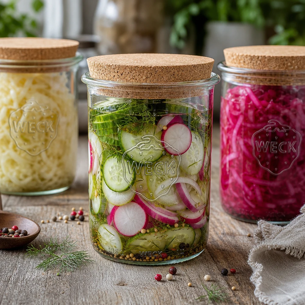 WECK Tarro de conservas RR100 de 1000 ml con tapa de corcho Juego de tarros de conservas de pepino encurtido, chucrut y rábano