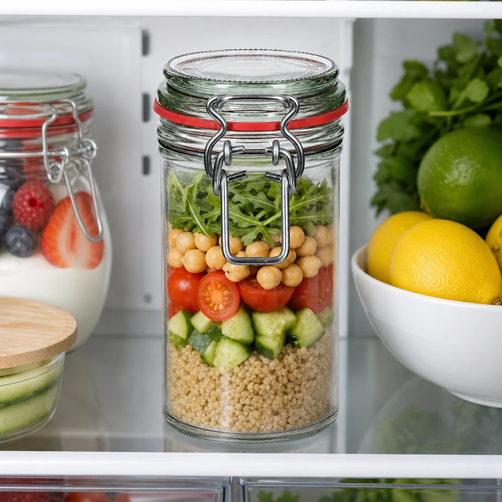 Tarro de cristal tipo G de 272 ml con cierre de clip UN... Tarro de almacenamiento 272ml con tapa oscilante lleno de ensalada quinoa garbanzos tomates pepino en la nevera