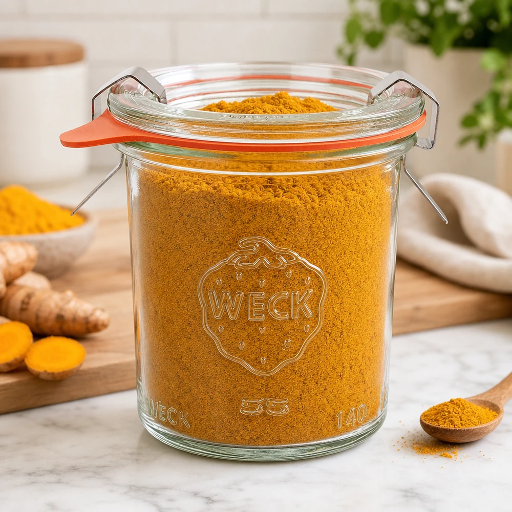 Tarro completo de 140ml WECK RR60 WECK Sturzglas 140ml RR60 mit Kurkuma-Pulver gefüllt in moderner Küche zeigt Vielseitigkeit für Gewürzaufbewahrung