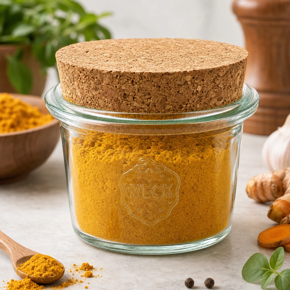 Tarro de 35ml WECK RR40 con corcho natural WECK RR40 Tarro de 35 ml con tapón de corcho lleno de cúrcuma en polvo rodeado de especias y hierbas frescas