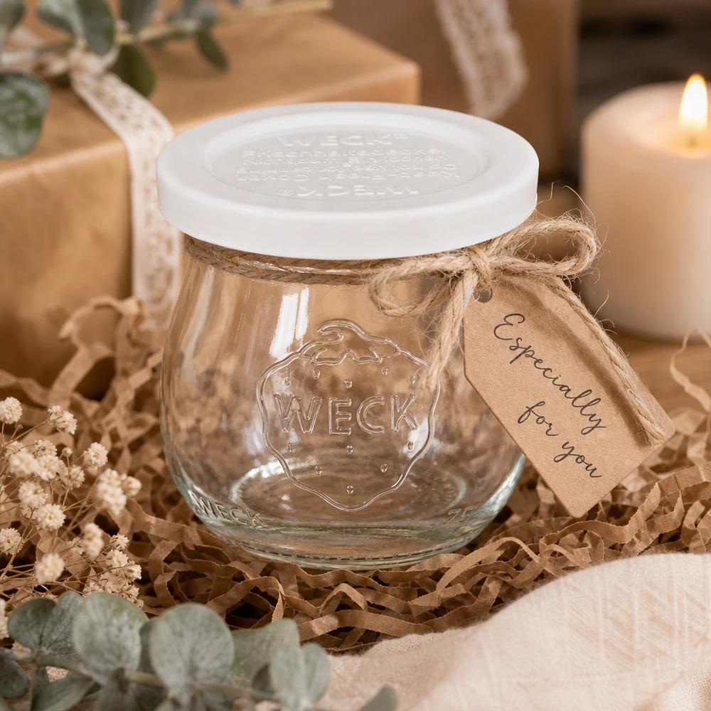 Tarro tulipán de 75ml con tapa de frescor WECK RR40 WECK tarro tulipán 75ml RR40 de regalo empaquetado decorativamente con etiqueta de papel kraft y cinta de yute sobre madera