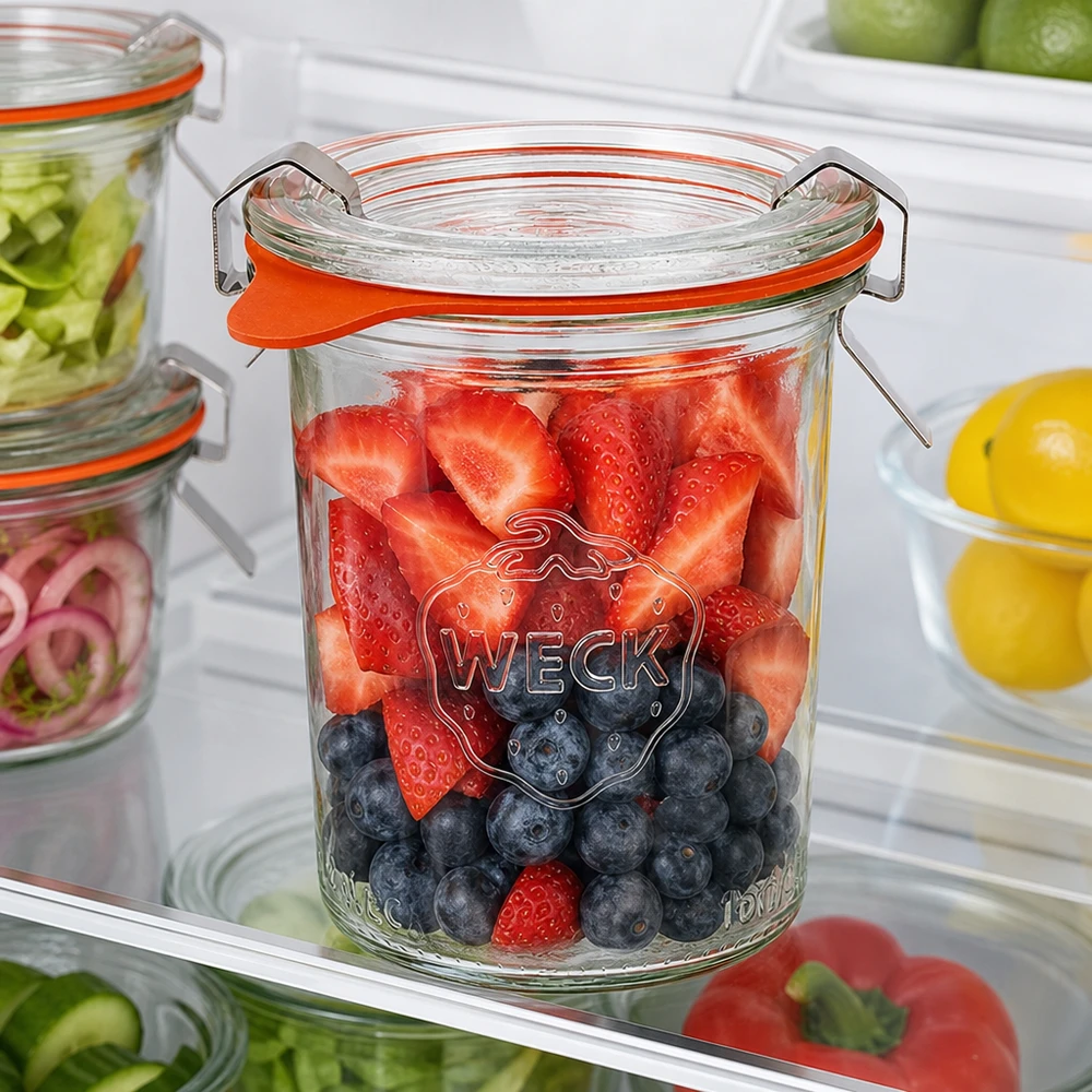 Vaso de 160ml completo WECK RR60 Vasos RR60 WECK de 160 ml llenos de bayas frescas en el frigorífico para una frescura y conservación óptimas