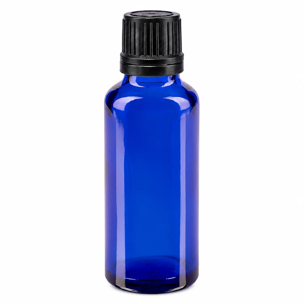 Frasco de cristal azul de 30 ml con dosificador de gotas negro y tapón OV de cristal de farmacia