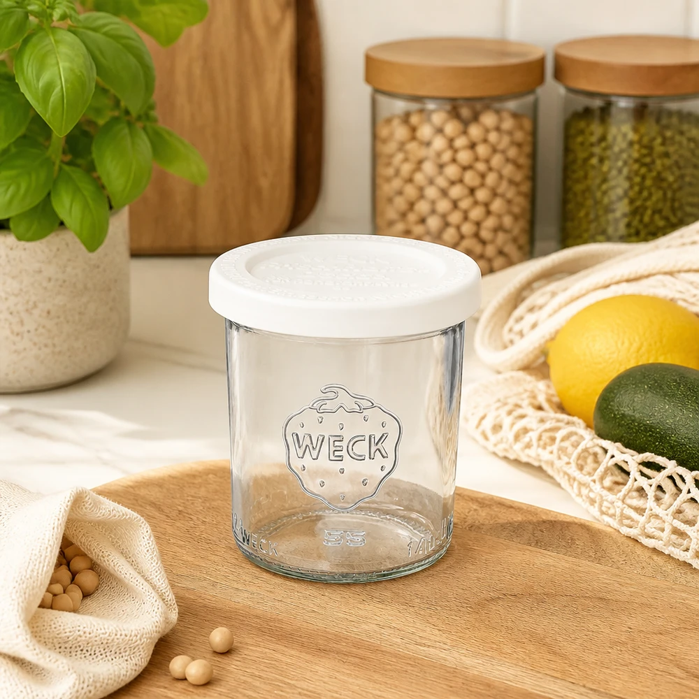 Vaso de cristal de 140 ml con tapa hermética WECK RR60 WECK 140ml vasos RR60 vacía con tapa de frescura en las cocinas modernas junto a los frascos de almacenamiento y fruta fresca