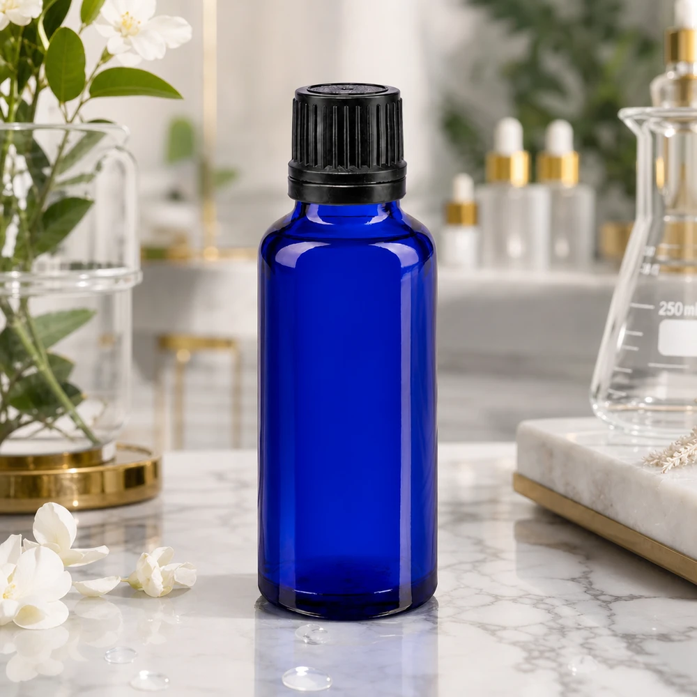 Frasco cuentagotas de vidrio farmacéutico de 30 ml, de color azul con tapón de rosca negro, sobre fondo de mármol