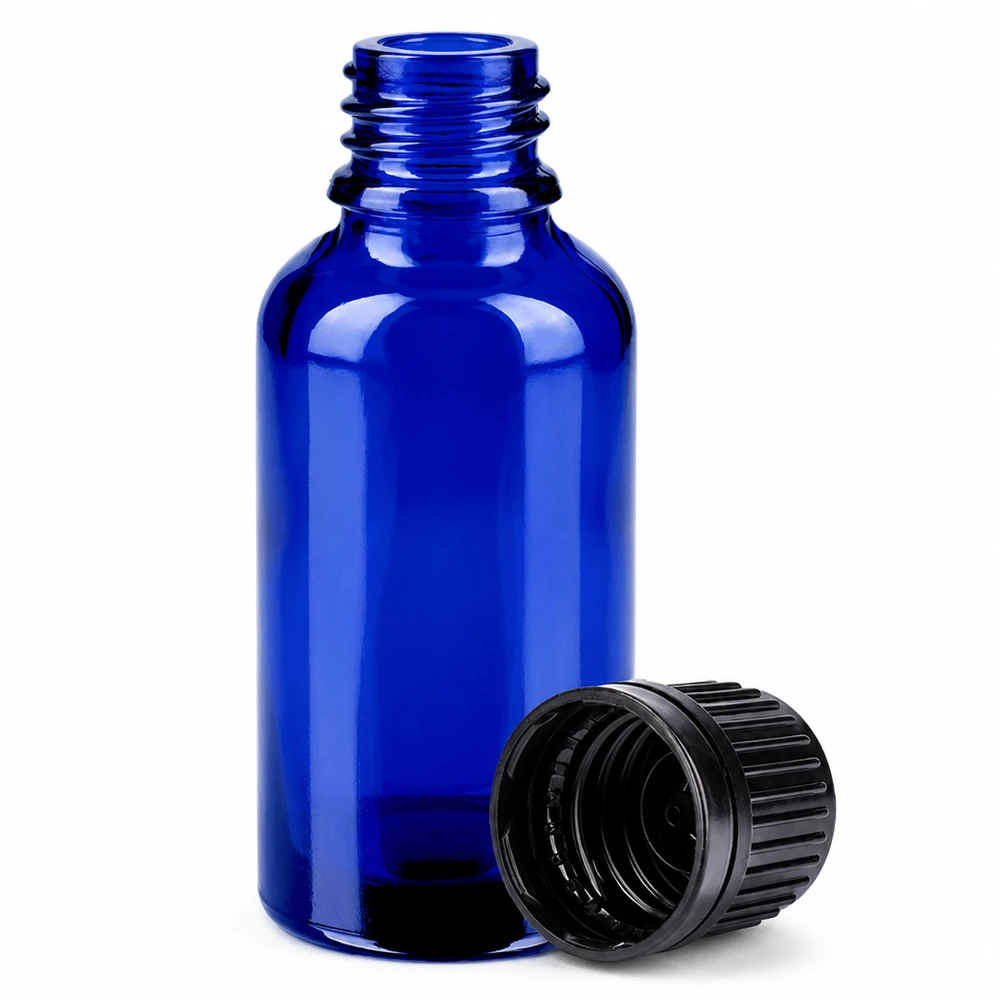 Frasco de vidrio azul de 30 ml con tapón de rosca para aromaterapia y cosmética natural