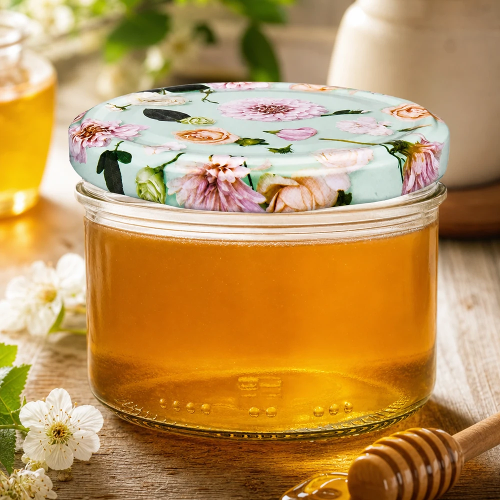 Tarro cilíndrico de 230 ml + tapa BasicSeal flor menta Tarro de miel 230ml con tapa decorativa BasicSeal flor de menta - miel dorada con cuchara de madera y decoración floral