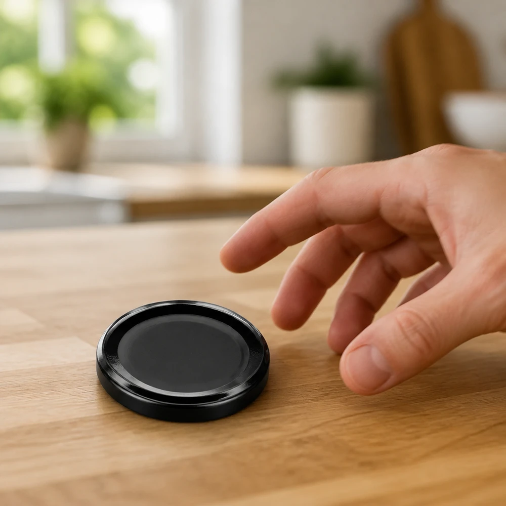 Tapa BasicSeal de 58 mm, negra (TO58deep) UNiTWIST Tapa BasicSeal de 58 mm, negra, modelo TO58deep UNiTWIST, sobre una mesa de madera; una mano la coge.