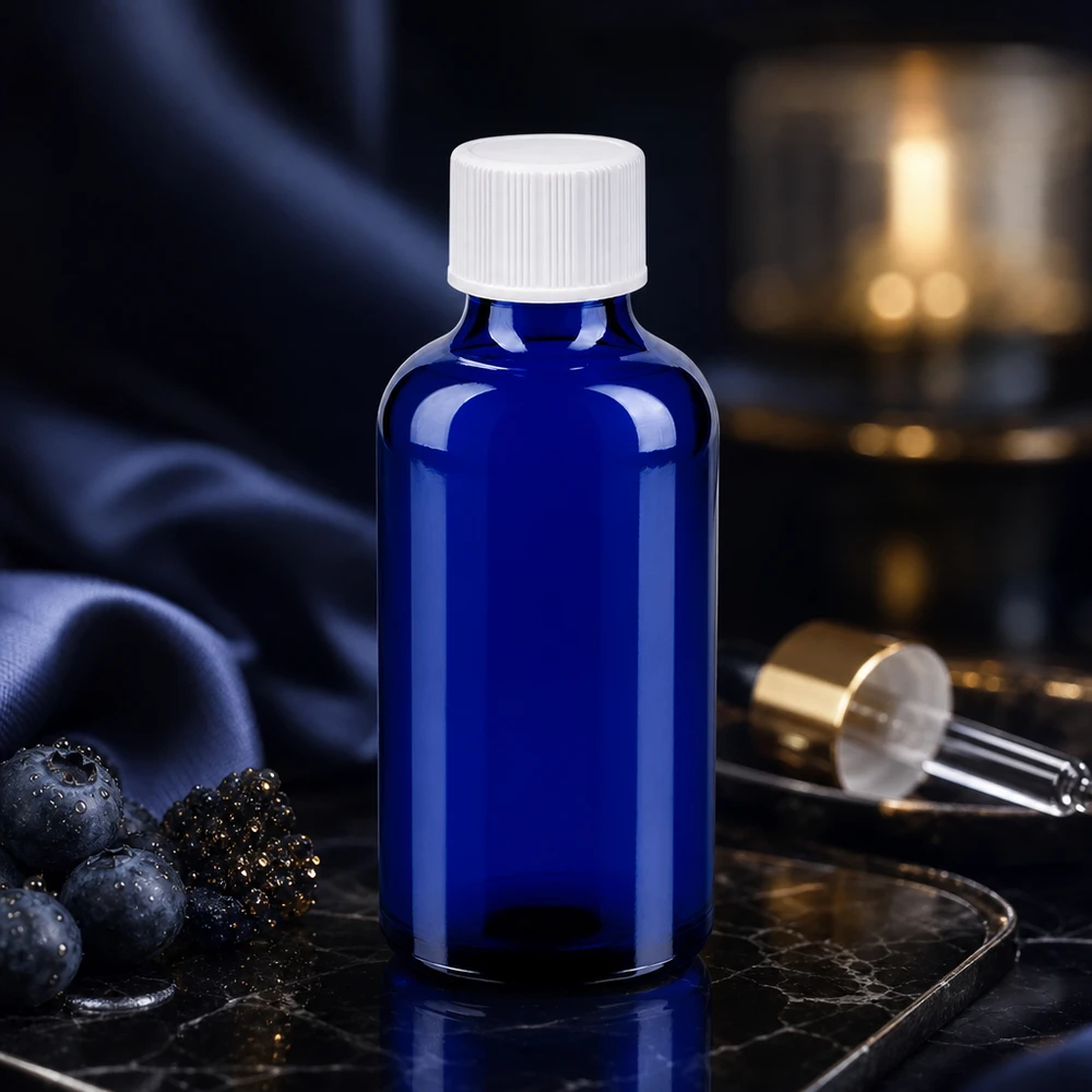 Frasco compacto de 50 ml con abertura de 11 mm en elegante azul cobalto para una dosificación precisa