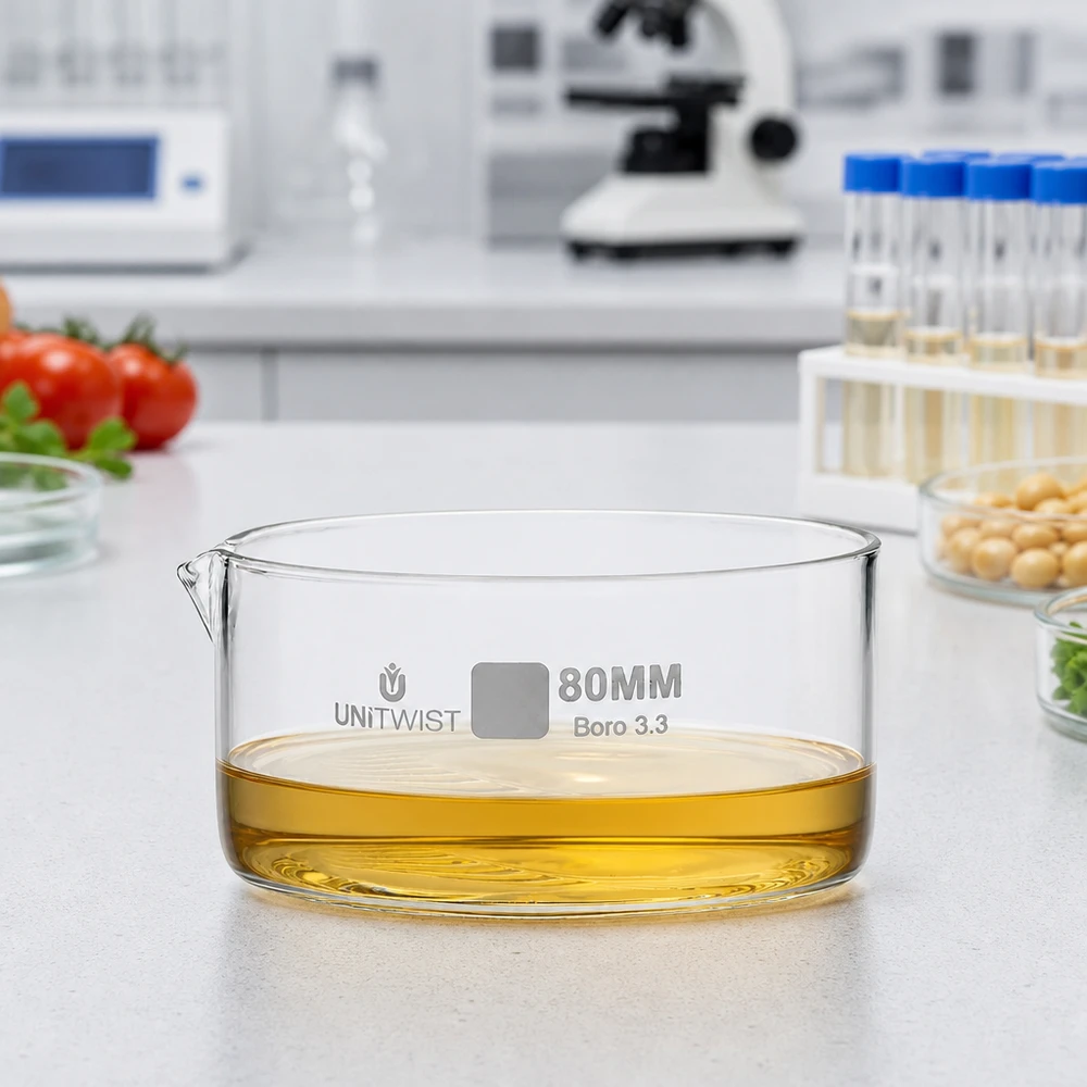 Cristalizador ø80mm vidrio borosilicato UNiTWIST Cubeta de cristalización de 80 mm UNiTWIST con aceite amarillo sobre superficie de laboratorio de vidrio borosilicato 3.3