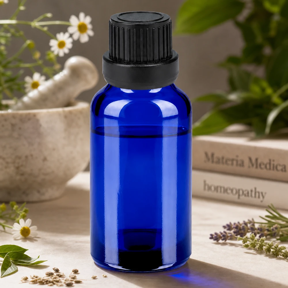 Frasco compacto de 20 ml con tapón negro a prueba de manipulaciones para remedios homeopáticos