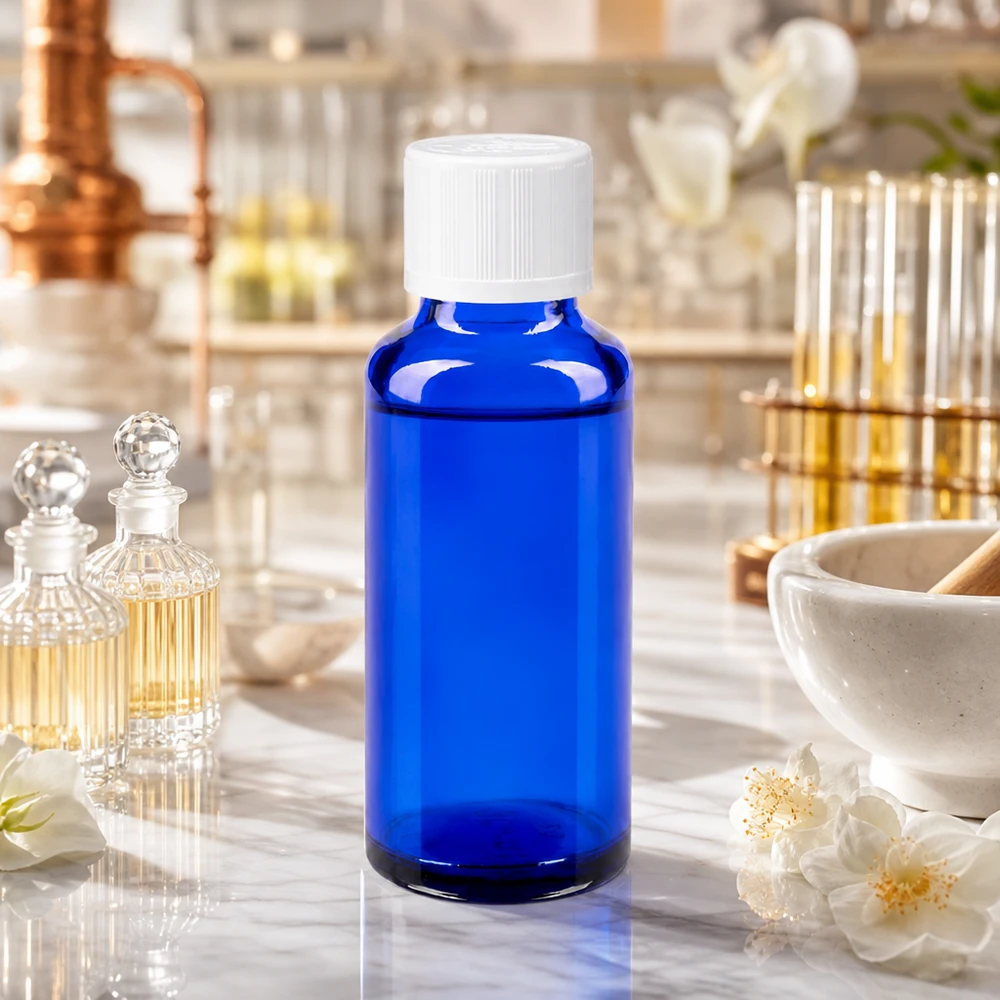 Botella de farmacia azul 30ml cuentagotas blanco estándar a prueba de niños Frasco de laboratorio azul de 30 ml con tapón de seguridad para niños blanco en un laboratorio de perfumería con matraz de destilación