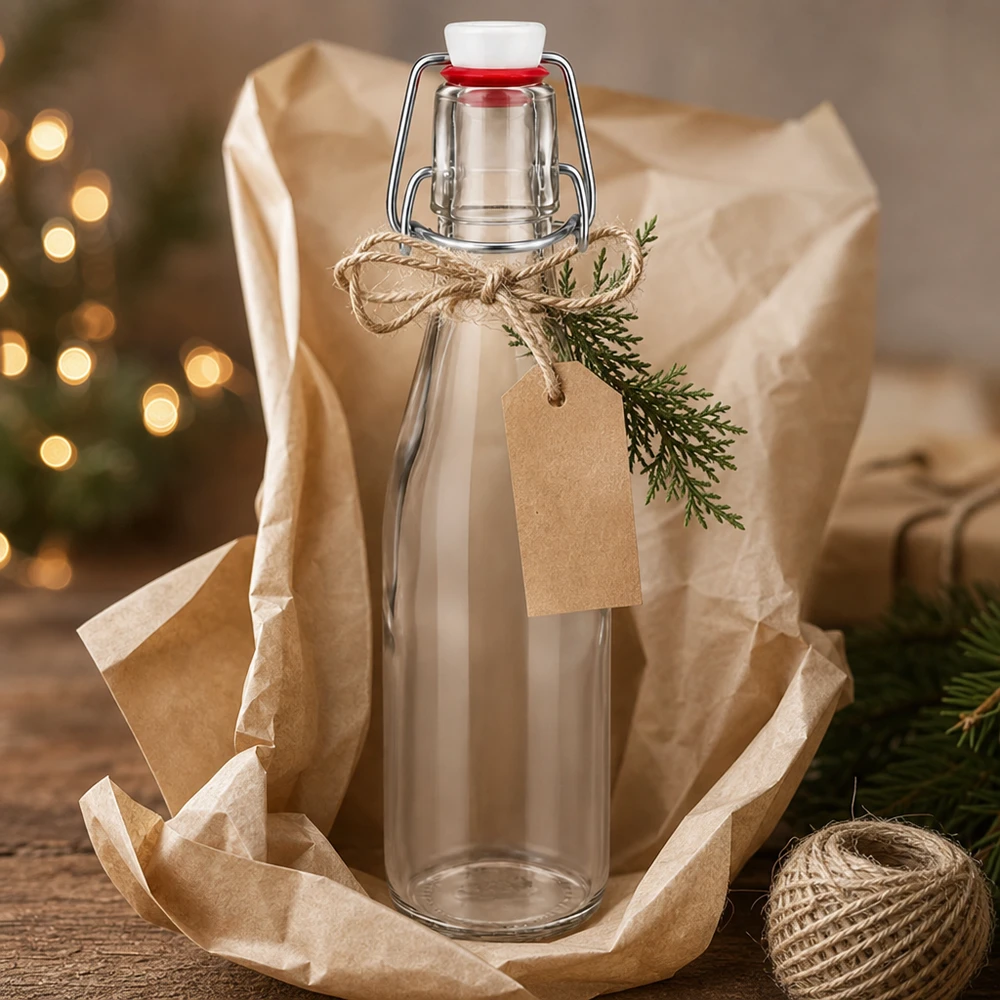 Botella de vidrio de 250ml + tapa oscilante de porcelana UNiTWIST 250ml Glasflasche mit Bügelverschluss als Geschenk verpackt mit Juteschnur, Kraftpapier-Anhänger und Tannenzweig