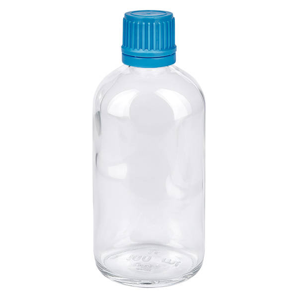 Botella 100ml tapón rosca 11mm azul ClearLine UT18/100 Botella de cristal ClearLine de 100 ml con tapón de rosca azul de 11 mm y precinto de seguridad