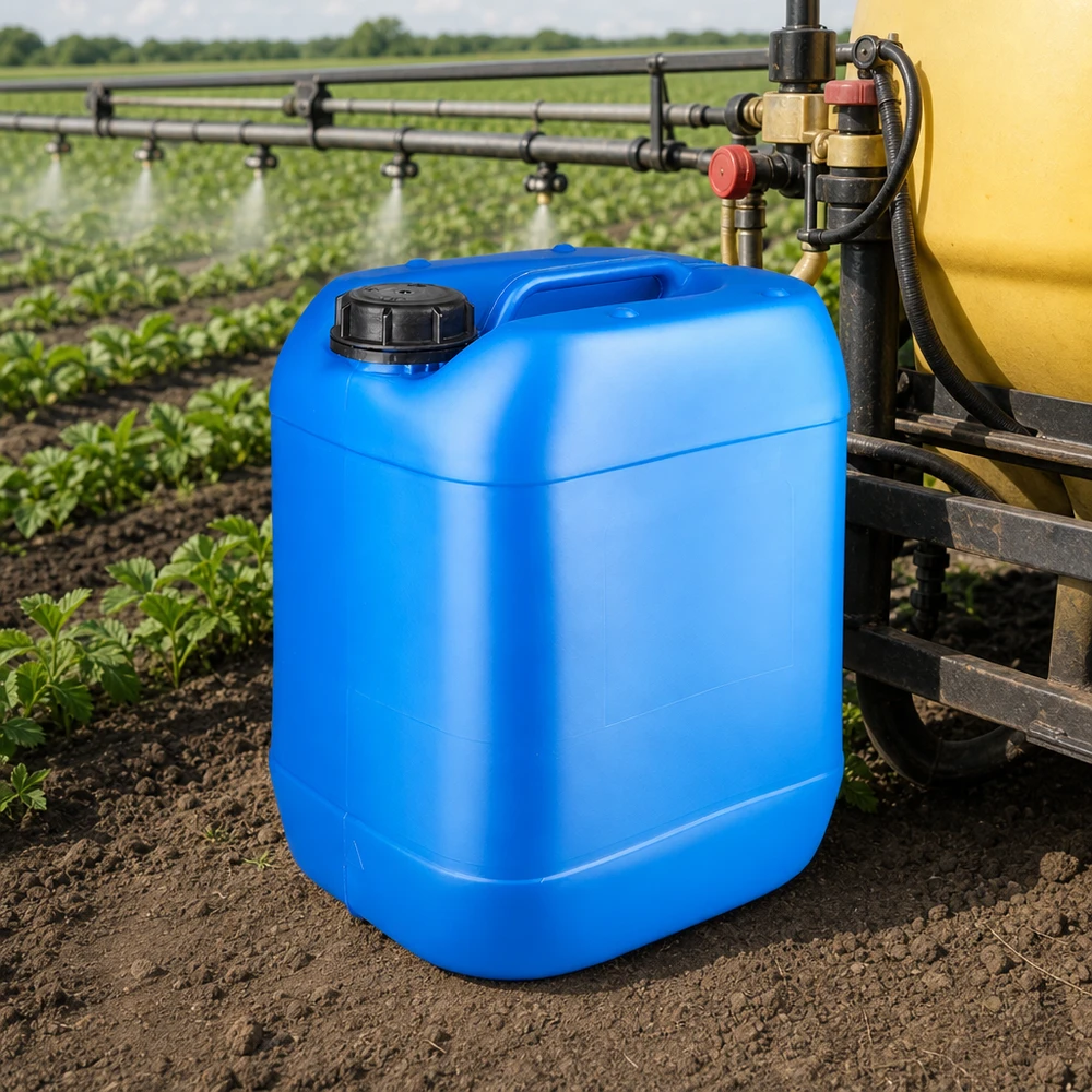 Bidón azul de 20 litros con tapón OV negro en un uso agrícola junto a un pulverizador agrícola