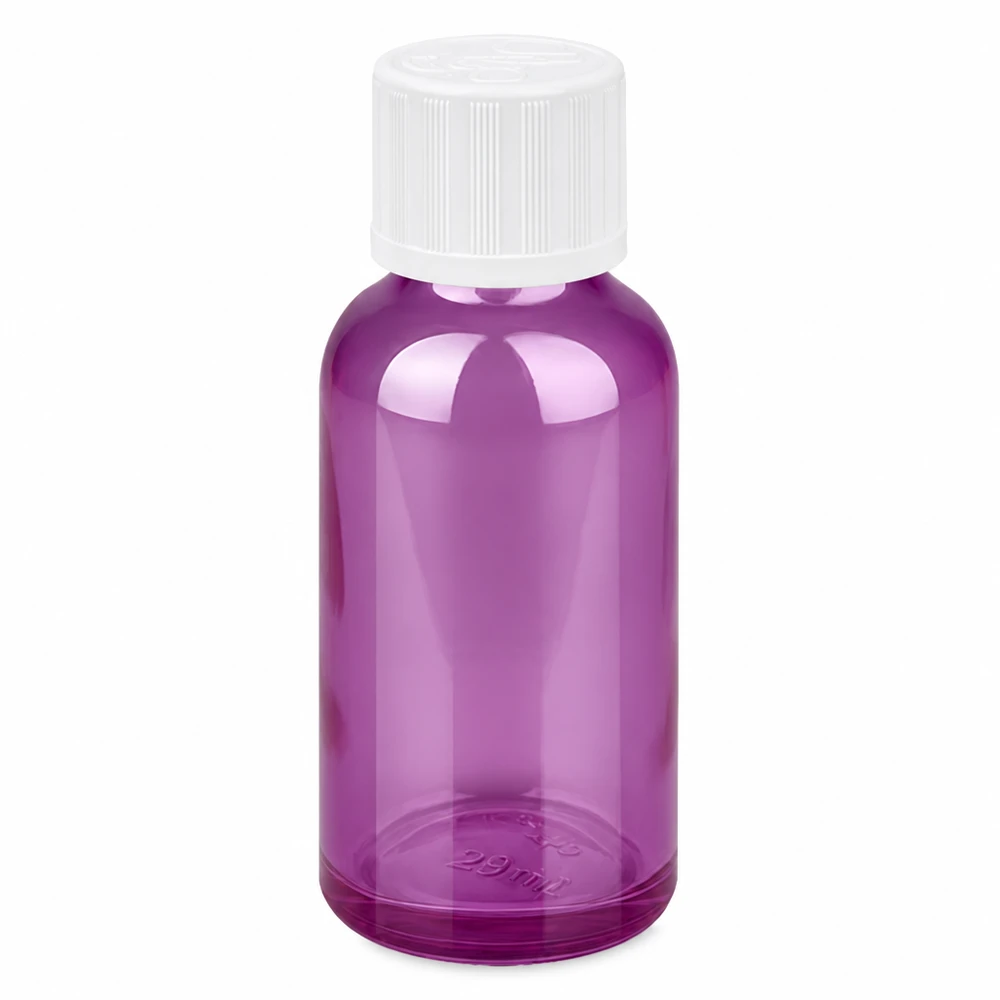 Frasco cuentagotas de 30 ml de color púrpura transparente con tapón de rosca blanco y abertura cuentagotas de precisión de 1,2 mm