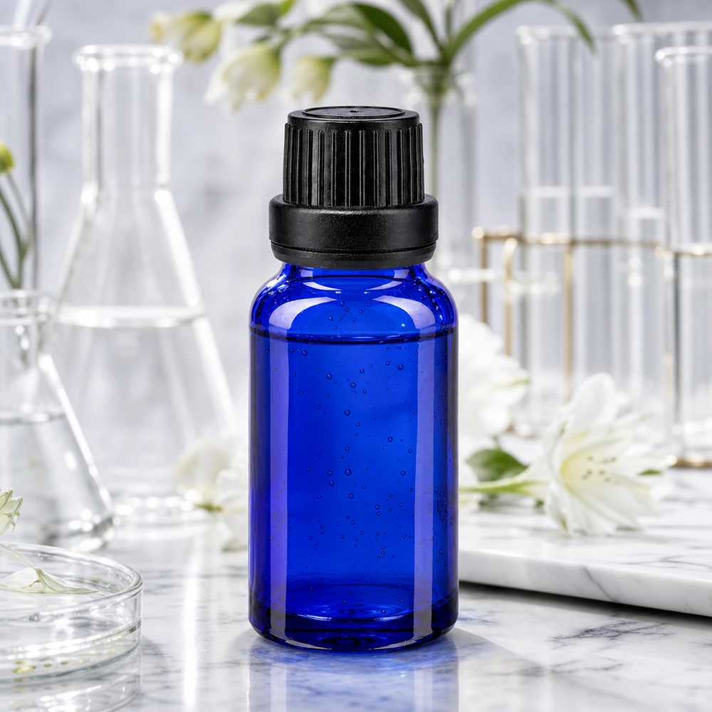 Botella de farmacia azul 10ml tapón cuentagotas anillo vertedor 2mm cierre inviolable negro Frasco farmacéutico de 10 ml en color azul cobalto con tapón de seguridad para niños y dosificador de gotas de precisión de 2 mm