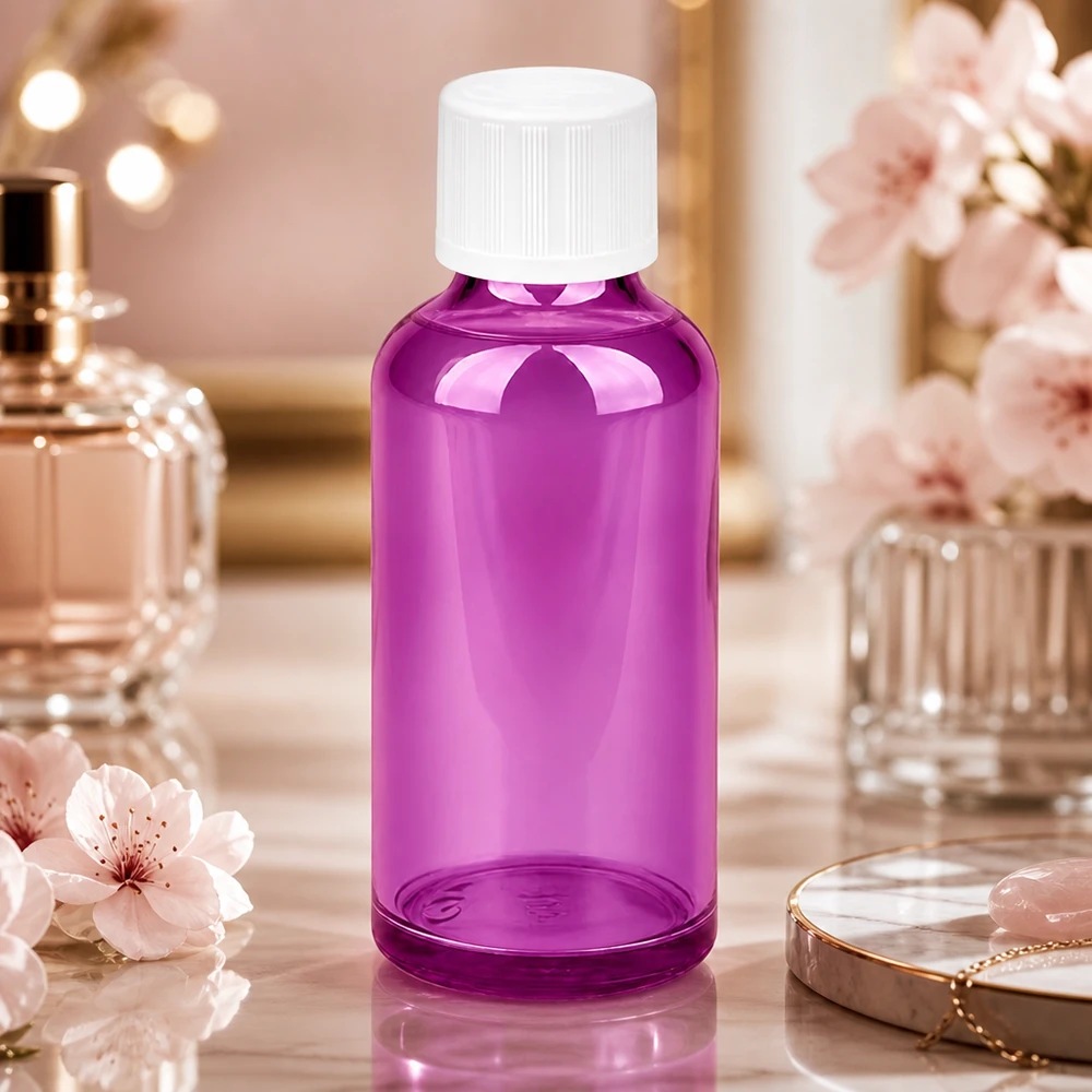 Frasco cuentagotas morado de 50 ml con abertura de 1,2 mm, perfecto para cosmética y aromaterapia de bricolaje