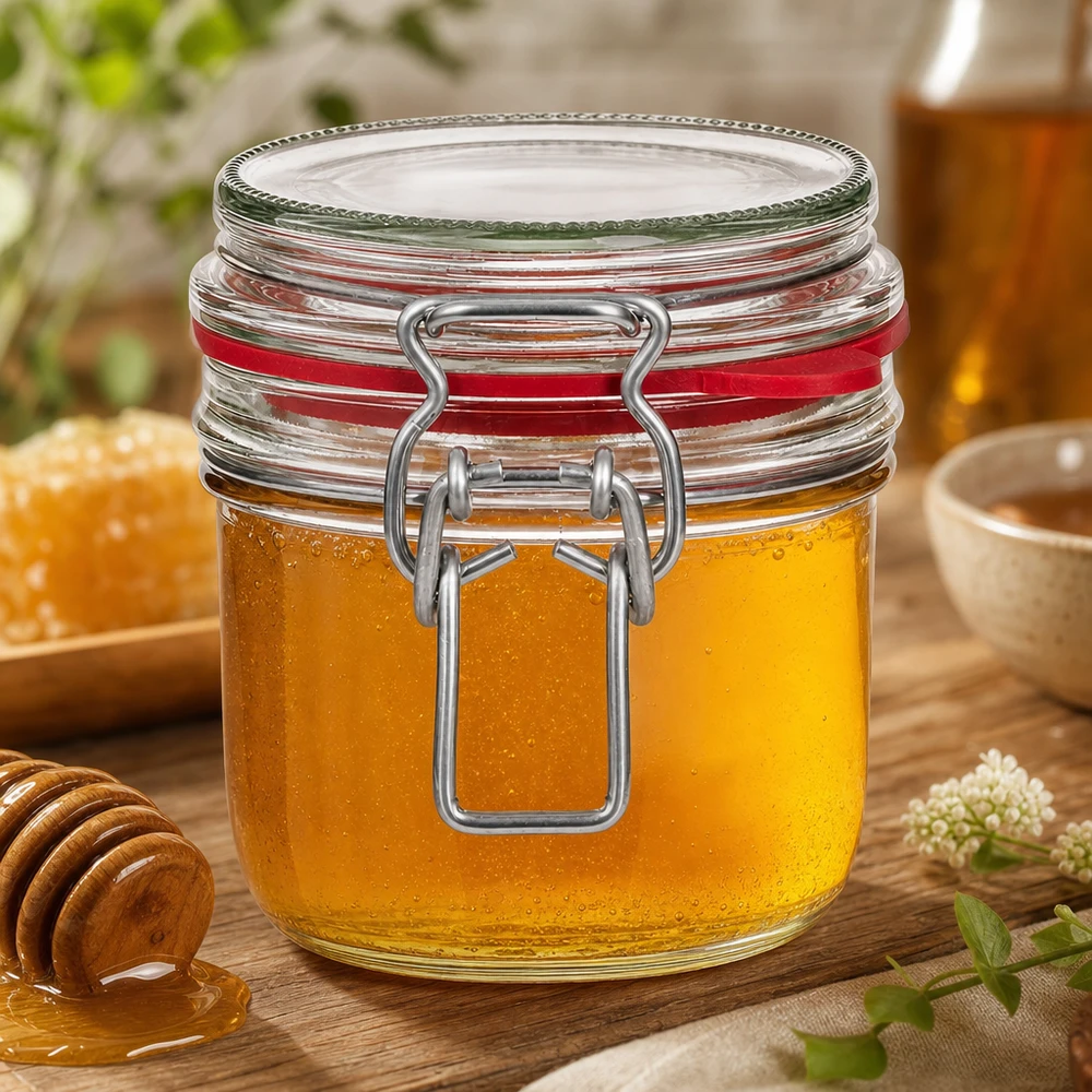 Tarro de cristal de 255 ml, tipo G, con cierre de clip UN... 255ml Einmachglas mit Bügelverschluss gefüllt mit goldenem Honig neben Honiglöffel auf natürlichem Holztisch