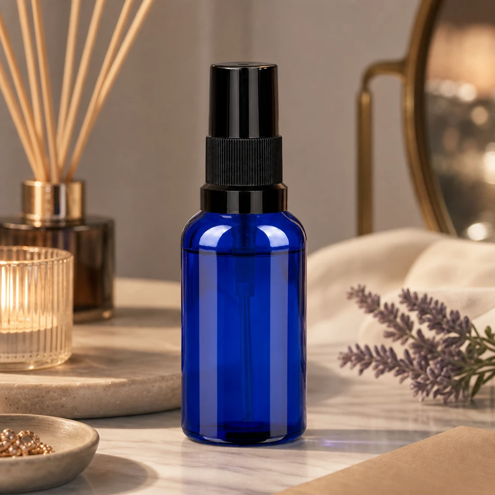 Frasco pulverizador de 30 ml negro con tapón estándar BlueLine UT18/30 Frasco pulverizador de 30 ml de vidrio azul de alta calidad con práctico cabezal pulverizador negro STD BlueLine