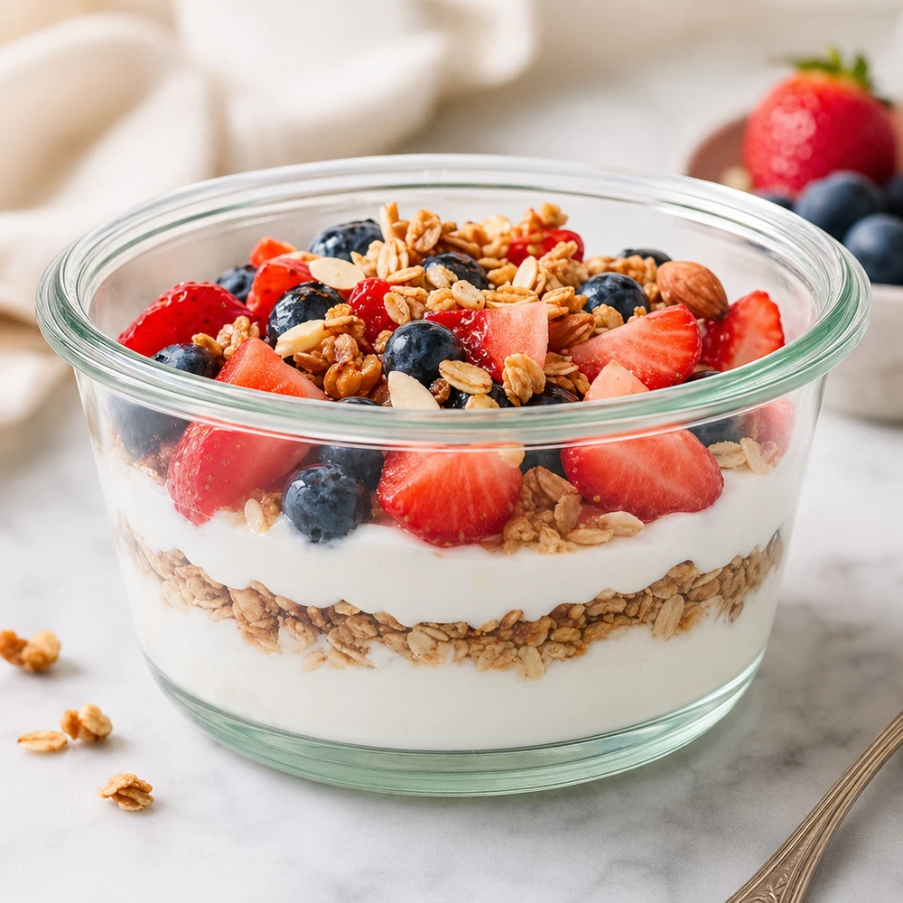 WECK RR100 290ml tarro gourmet con yogur granola parfait bayas y nueces servido como un bol de desayuno saludable