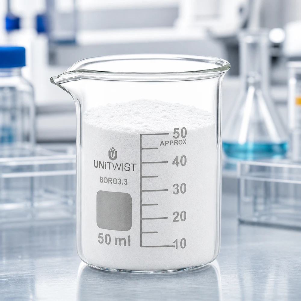 Vaso 50ml borosilicato, molde bajo UNiTWIST Vaso de precipitados de 50 ml lleno hasta el borde de polvo blanco, UNiTWIST, de perfil bajo, de laboratorio