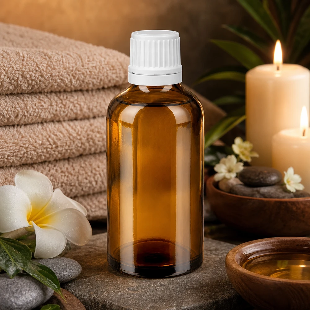 Botella de farmacia marrón 50ml tapón rosca cierre inviolable blanco Frasco de farmacia de vidrio ámbar de 50 ml con tapón de rosca blanco, ideal para aceites de masaje y productos de bienestar