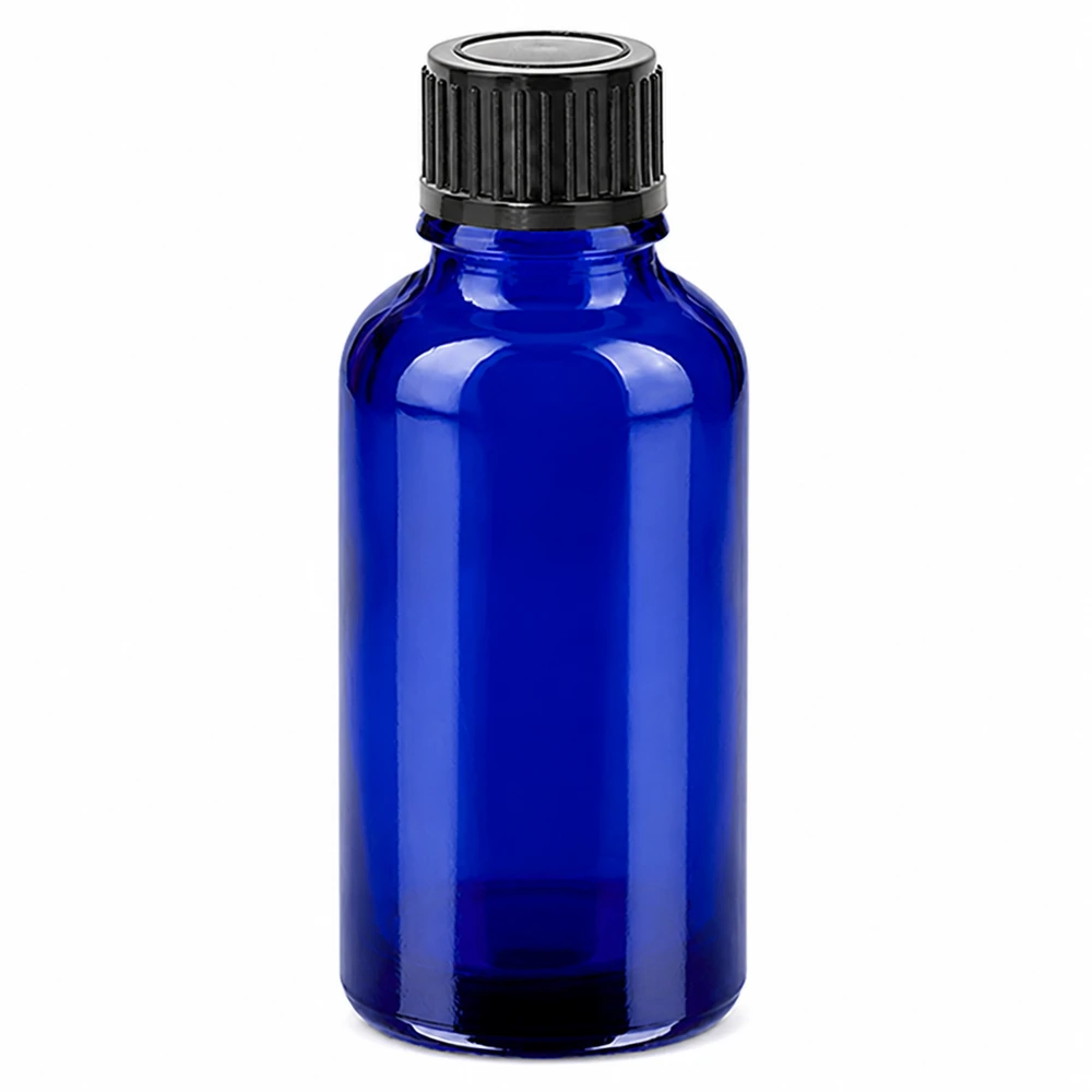 Frasco 30ml 11mm tapón rosca negro estándar BlueLine UT18/30 Frasco de vidrio azul de 30 ml con tapón de rosca negro para aceites esenciales y cosméticos
