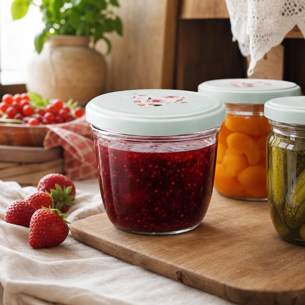 Vasos de 230 ml + tapa BasicSeal corazón menta UNiTWIST Mermelada de fresa en tarro de 230 ml con tapa BasicSeal corazón menta, mermelada casera junto a fresas frescas