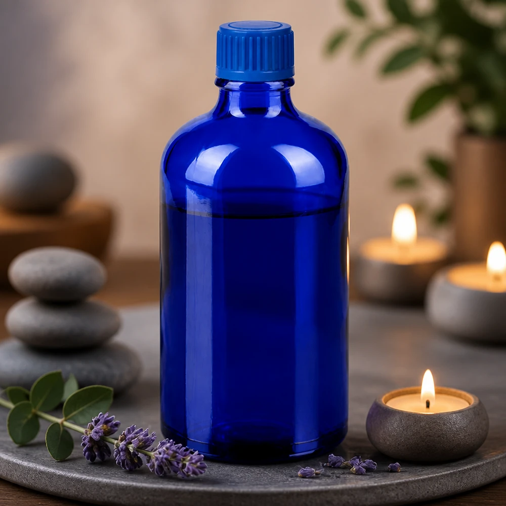 Frasco 100ml 11mm tapón rosca azul estándar BlueLine UT18/100 Elegante frasco de vidrio azul cobalto de 100 ml con práctico tapón de 11 mm para cosmética natural